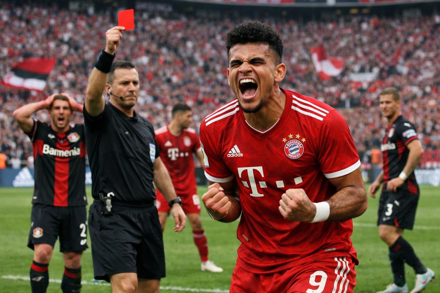 revivez le match intense entre bayer leverkusen et bayern munich, conclu sur un score de 1-1 avec un but spectaculaire de luis diaz avant son expulsion, offrant un spectacle riche en actions et rebondissements.