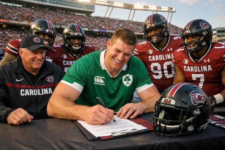 le football américain de caroline du sud renforce son équipe en recrutant neff giwa, un imposant joueur de rugby irlandais de 2,03 m, promettant puissance et performance sur le terrain.