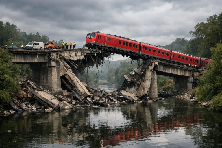 perturbations majeures des voyages : un effondrement de pont entraîne le blocage des trains, impactant les trajets et les horaires.