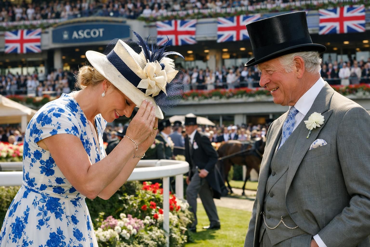 zara tindall rend hommage à l'oncle roi charles avec un triple salut lors du prestigieux royal ascot, un geste plein de respect et d'élégance.