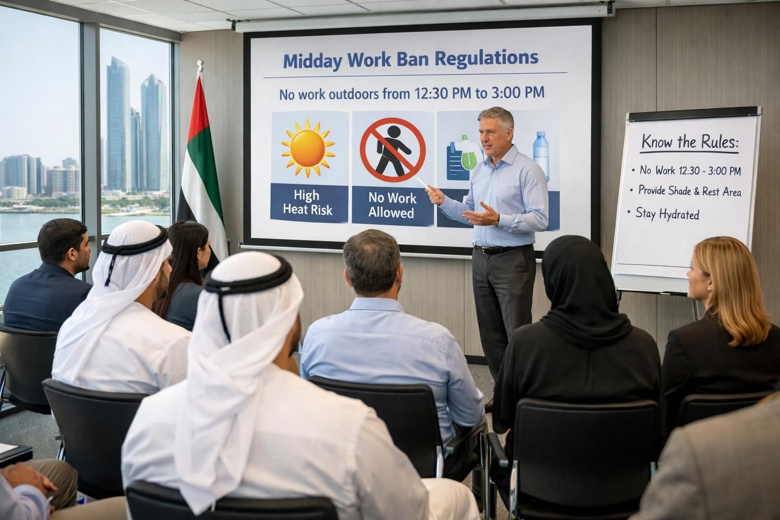 abu dhabi forme 404 entreprises aux règles strictes d'interdiction du travail en milieu de journée pour garantir la sécurité et le bien-être des travailleurs.