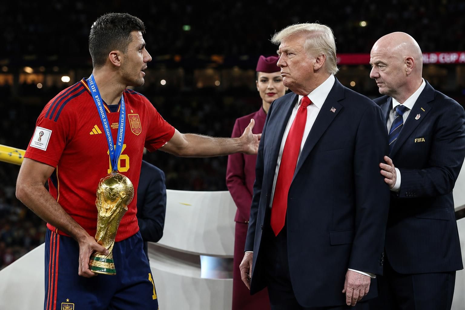 revivez l'instant inédit de la coupe du monde 2026 où rodri surprend en invitant donald trump à céder la scène lors de la cérémonie de remise du trophée.