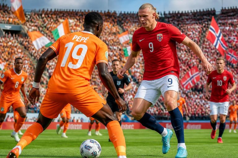 suivez en direct le match des 16e de finale de la coupe du monde entre la côte d'ivoire et la norvège avec pépé et haaland titulaires. vivez chaque moment clé en temps réel !