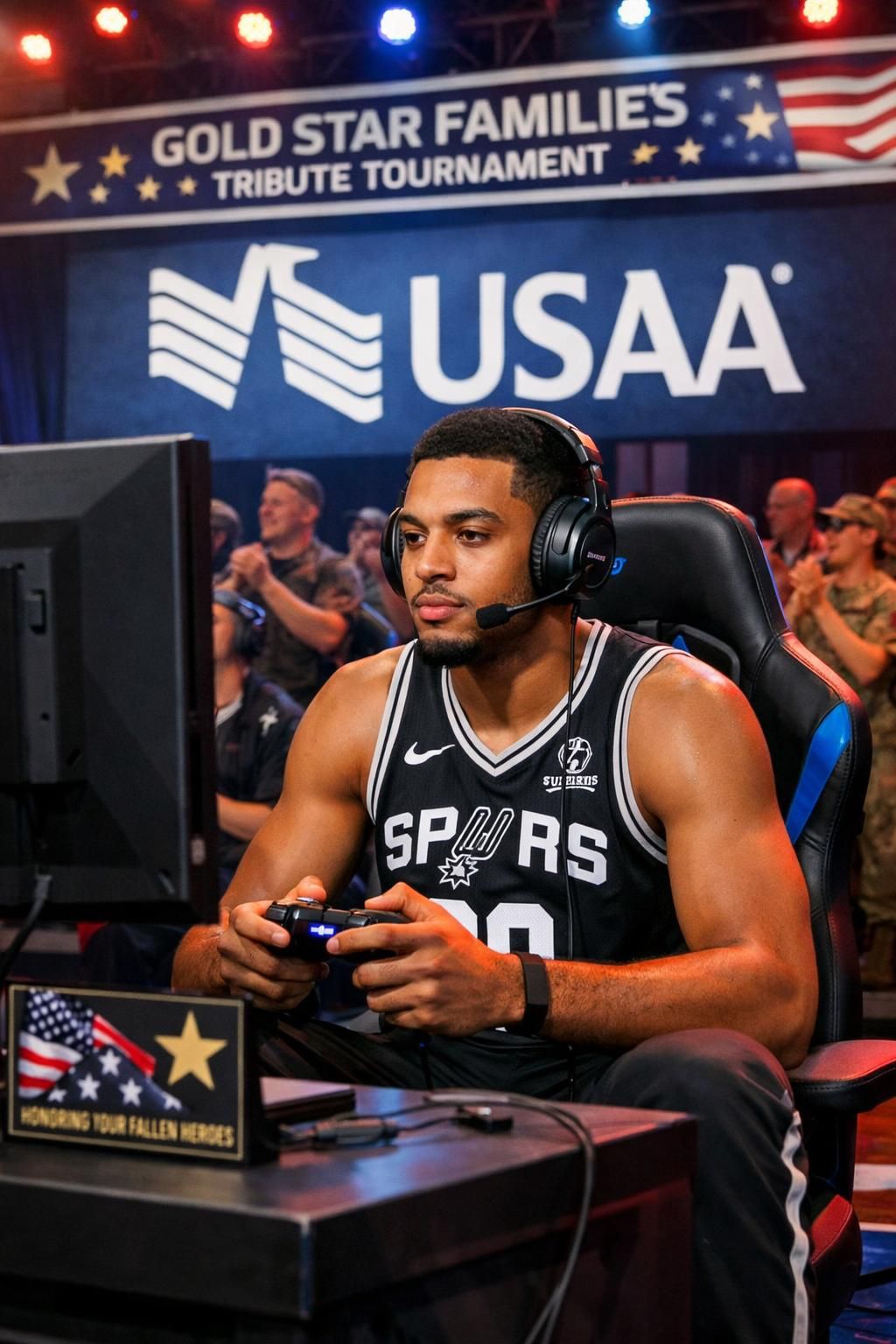julian champagnie des spurs prend part au tournoi e-sport usaa, un événement dédié à rendre hommage aux familles gold star et à célébrer leur courage.
