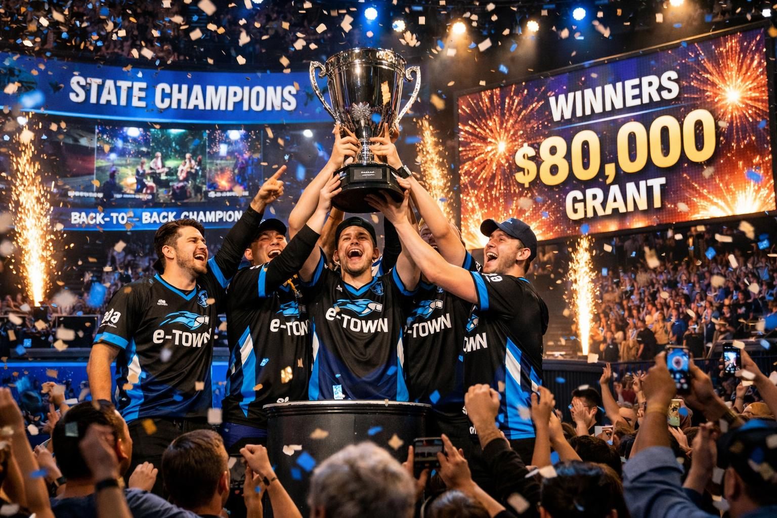 l'équipe esport d'e-town remporte son deuxième championnat d'état consécutif et obtient une subvention de 80 000 $, consolident ainsi leur domination et leur avenir prometteur.