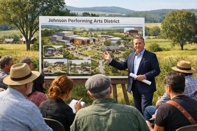 un promoteur présente un projet innovant de développement d'un vaste quartier dédié aux arts de la scène en milieu rural à johnson, visant à dynamiser la culture locale et soutenir la création artistique.