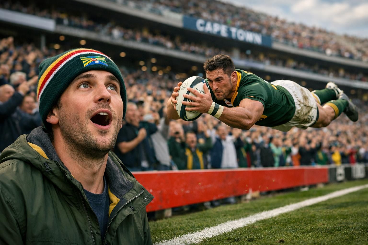 un spectateur émerveillé assiste à un passage aérien spectaculaire et très bas lors d'un match de rugby au cap, le qualifiant de l'un des plus impressionnants jamais vus.