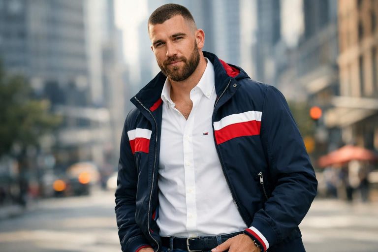 découvrez les débuts de travis kelce, star des chiefs, dans sa première campagne publicitaire avec tommy hilfiger, alliant sport et mode avec élégance.