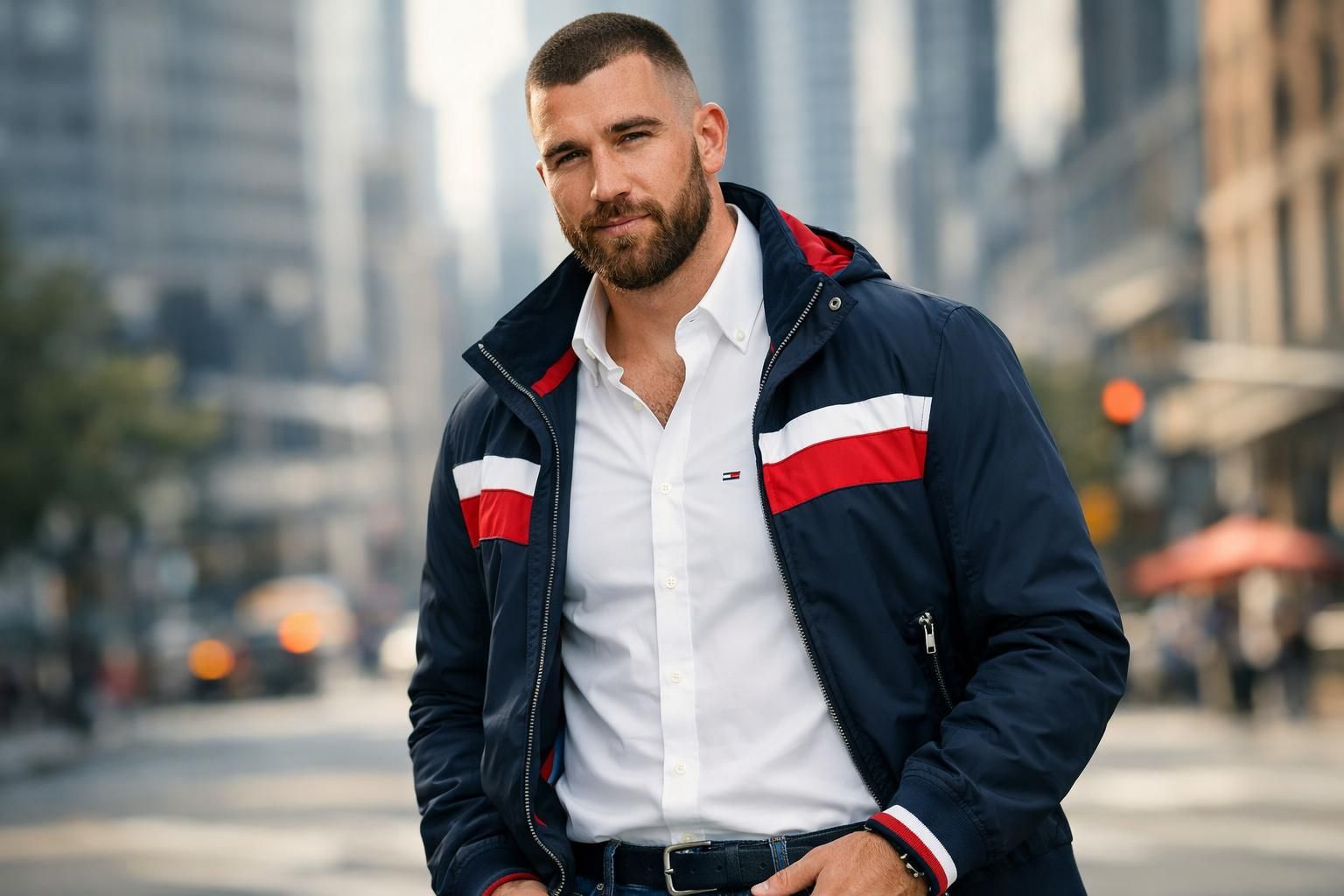 découvrez les débuts de travis kelce, star des chiefs, dans sa première campagne publicitaire avec tommy hilfiger, alliant sport et mode avec élégance.