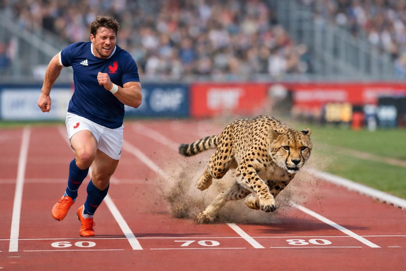 découvrez le défi inattendu d'une star du rugby face à la vitesse fulgurante d'un guépard : un départ prometteur, mais une course qui tourne à la déconvenue.