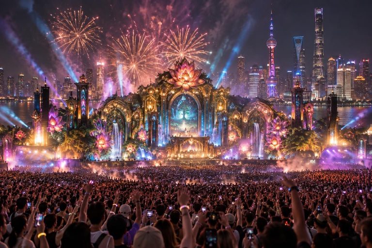 la magie de tomorrowland s’invite à shanghai pour deux jours de spectacle à guichets fermés, entre musique électro et scénographie grandiose.